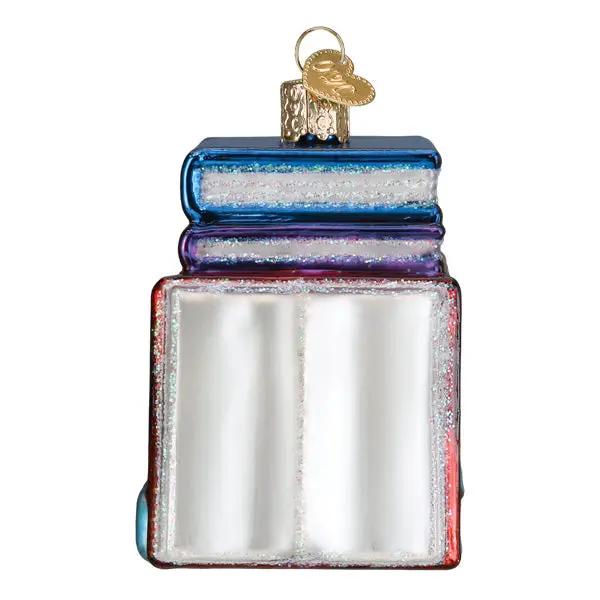 Book Club Ornament glass ornament shaped as glittery stacked books in blue with gold cap on Tampa Home & Garden Store