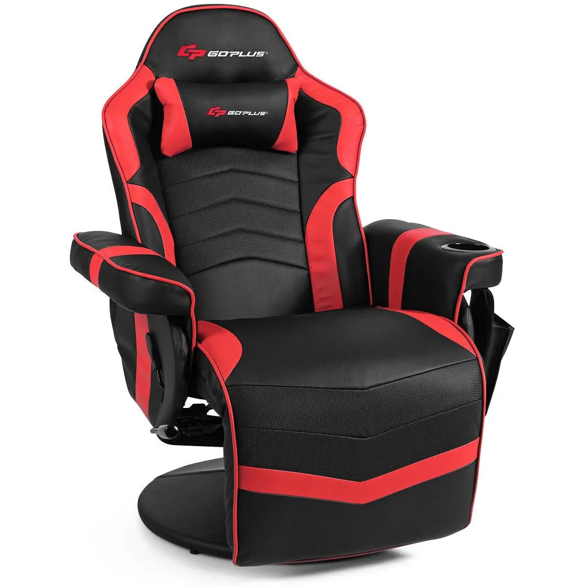 Ergonomic high-back gaming chair in black and red with GoPlus logo, neck pillow, and cup holder on Tampa Home & Garden Store