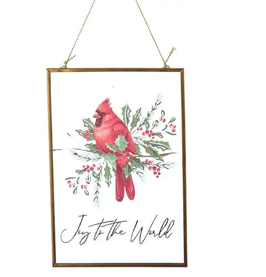 Glass plate cardinal ornament featuring red cardinal on holly, gold frame, hanging chain on Tampa Home & Garden Store