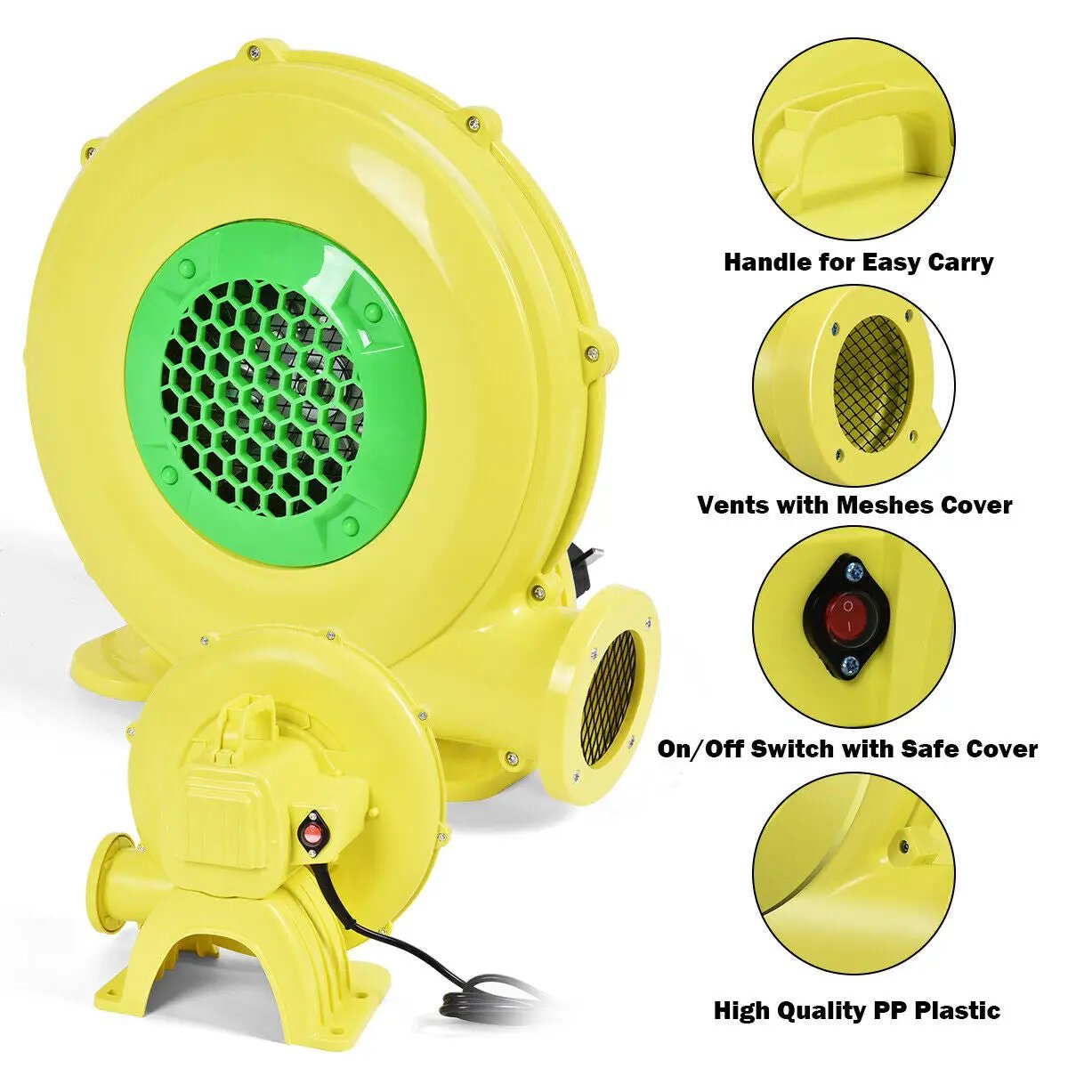 480 W Air Blower Pump Fan for Bounce House yellow housing with green honeycomb vent DirectDeals on Tampa Home & Garden Store