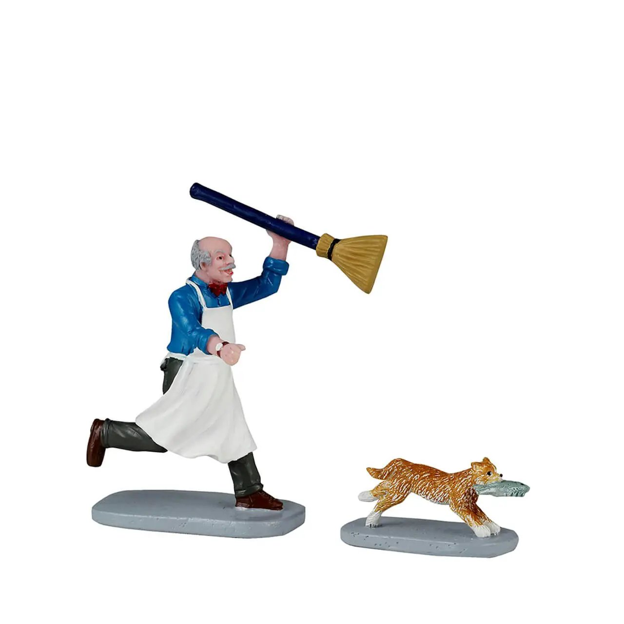 Feline Fish Thief 2 Piece Set figurines; man with broom chases fishy dog in a village scene on Tampa Home & Garden Store
