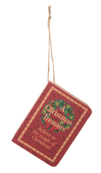 Red holiday storybook ornament with gold border and twine by The Country Christmas Loft on Tampa Home & Garden Store