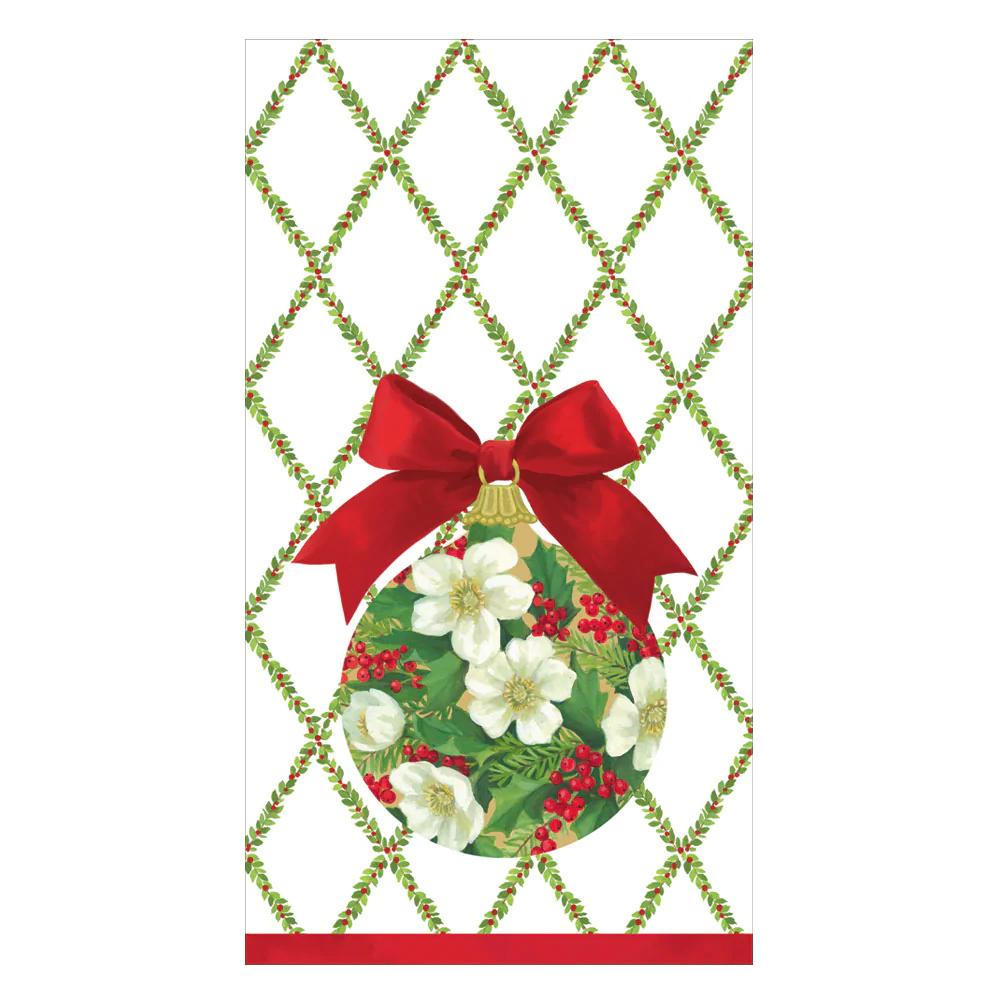 Ornament and Trellis Paper Guest Towels round ornament with white flowers, red bow on lattice on Tampa Home & Garden Store