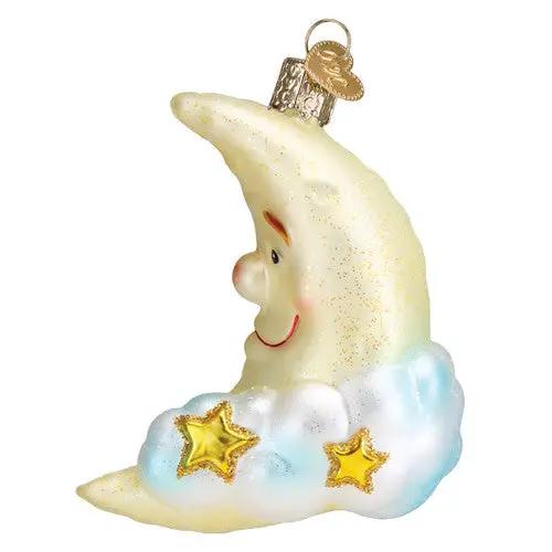 Mister Moon glass ornament with crescent resting on a cloud and gold stars on Tampa Home & Garden Store