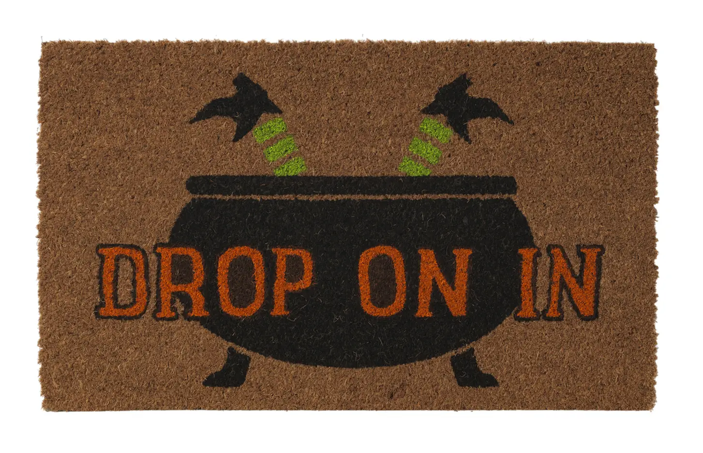 Harvest coir doormat for front door with orange DROP ON IN on black cauldron Halloween vibe on Tampa Home & Garden Store