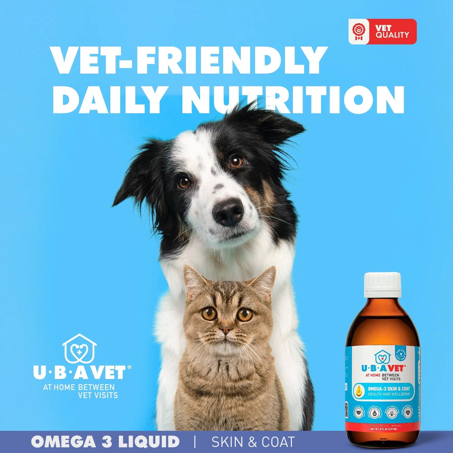Omega-3 Skin & Coat Health liquid for dogs and cats, U-BAVET bottle with dog and two cats on Tampa Home & Garden Store