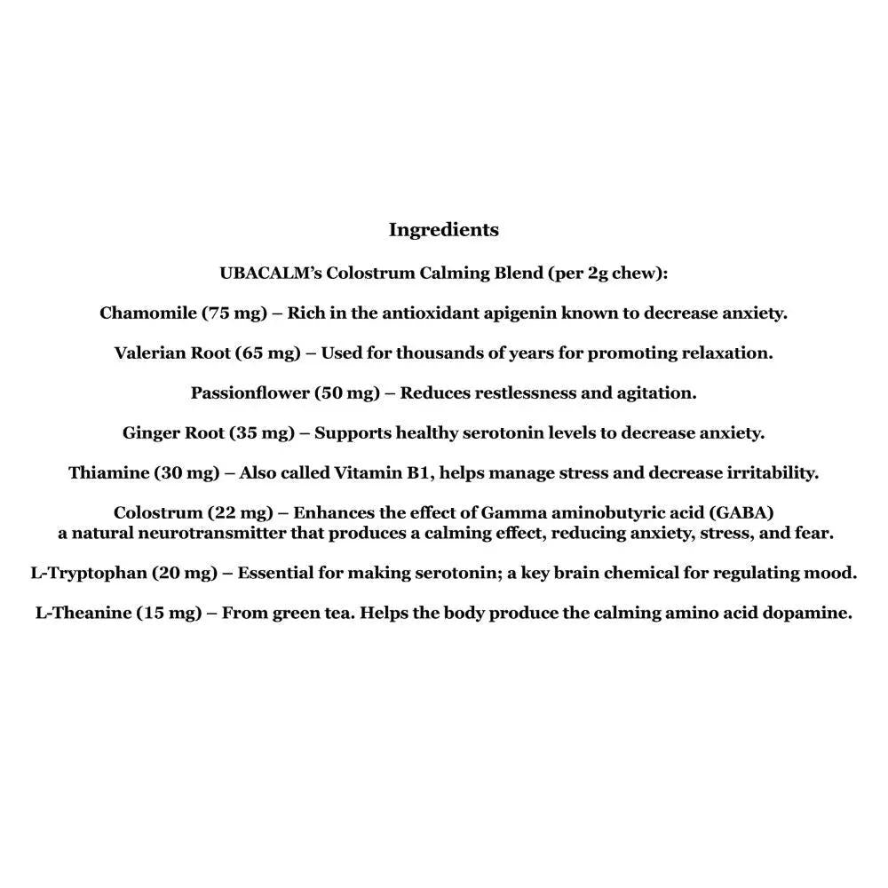 UBACALM Calming Blend ingredients list per 2g chew with chamomile, valerian root, passionflower on white background on Tampa Home & Garden Store