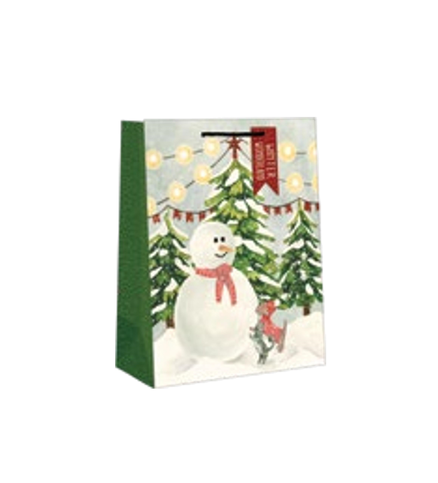 Love Of Pets Holiday Gift Bag with Foil Accents featuring a snowman and trees, green spine on Tampa Home & Garden Store