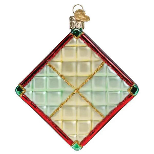 Old World Quilt Glass Ornament, diamond red-border quilt-pane with gold grid and pastel panels on Tampa Home & Garden Store