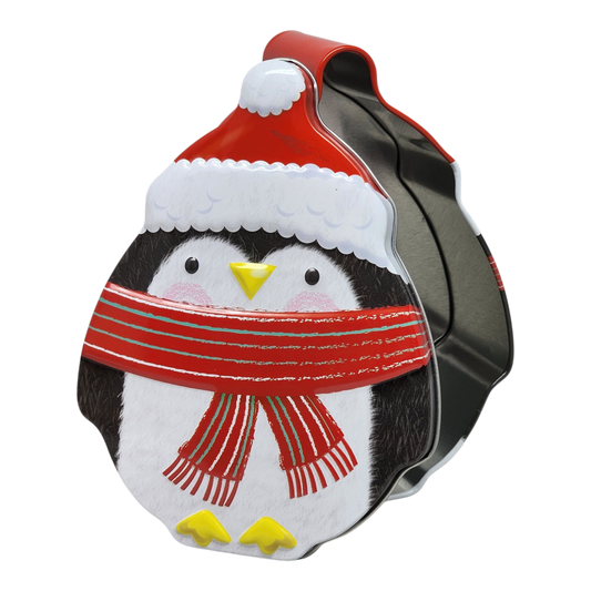 Festive metal cookie tins assortment in penguin shape with red hat and white trim on Tampa Home & Garden Store