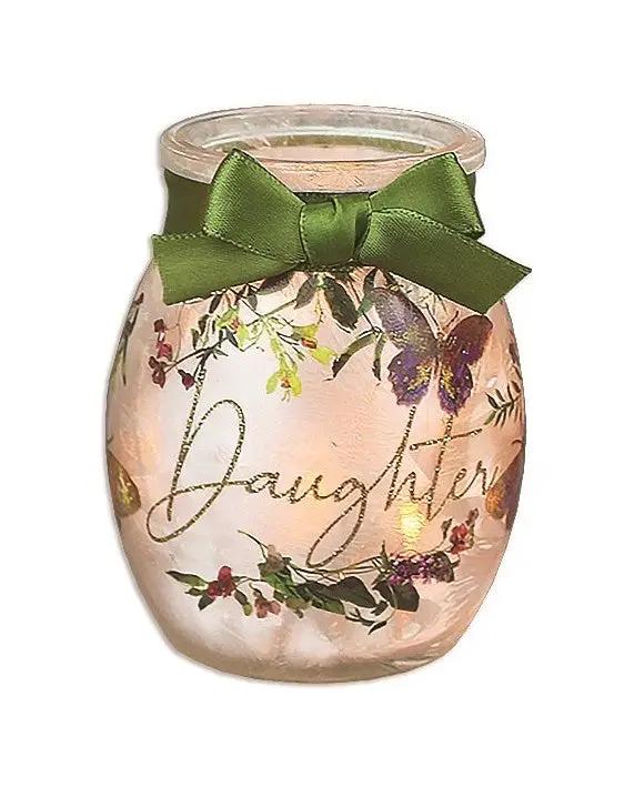 Prelit glass jar lamp with pink glass and bow and Daughter script on Tampa Home & Garden Store