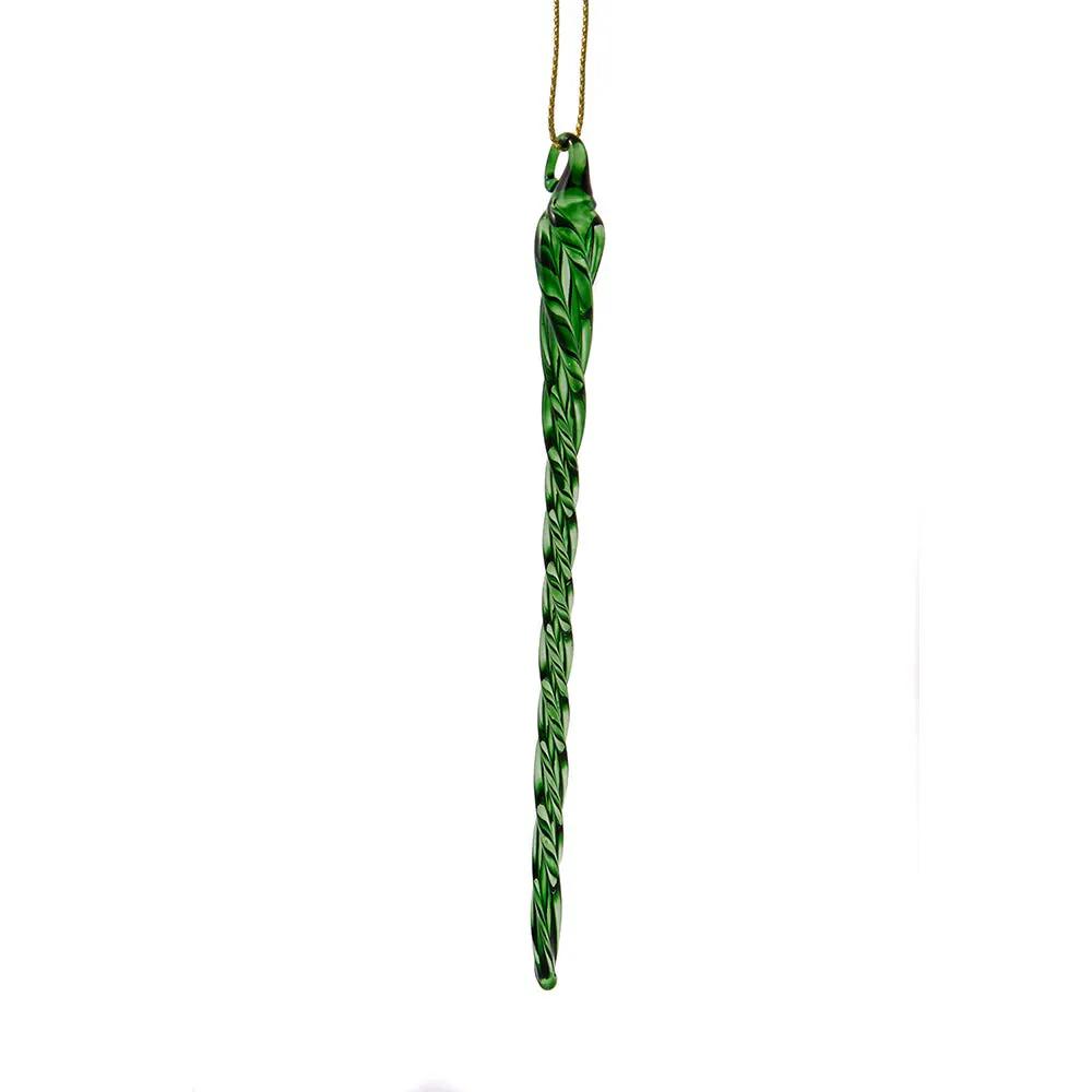 Green twisted glass icicle ornament with a gold hanging string on Tampa Home & Garden Store