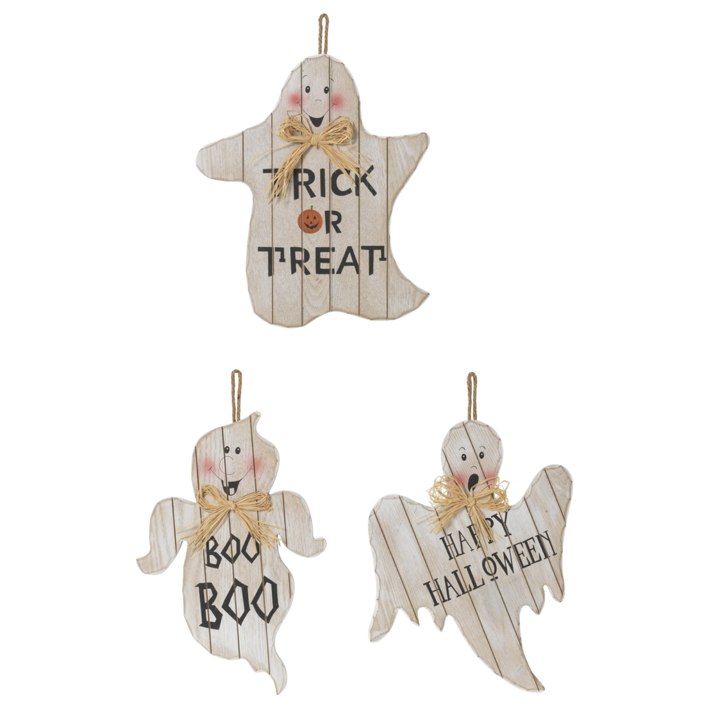Ghost wall hangings set (4 pcs) with rustic wood planks and Trick or Treat Boo Halloween on Tampa Home & Garden Store