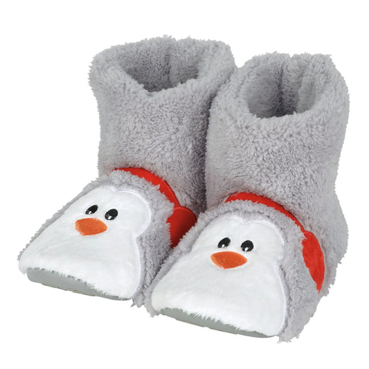 Snowpinions Penguin Slippers for Adults fuzzy gray plush with white penguin faces and orange beaks pair on Tampa Home & Garden Store