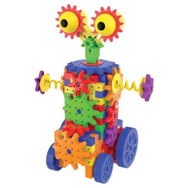 Techno Gears Dizzy Droid Kit with Motor robot built from multicolor gears with blue wheels on Tampa Home & Garden Store