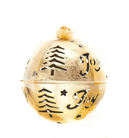 Gold metal Hanging Word Bell Ornament with Joy and tree motif on Tampa Home & Garden Store