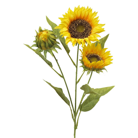 Three Bloom Sunflower Stem with Three Buds yellow artificial sunflowers on green stems on Tampa Home & Garden Store
