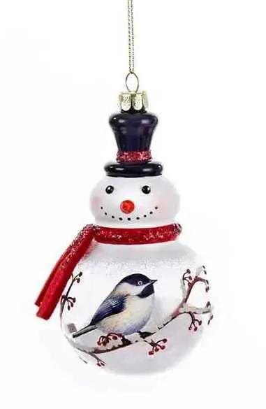 Glass Snowman With Chickadee Ornament white glass body blue hat red scarf with chickadee on branch on Tampa Home & Garden Store
