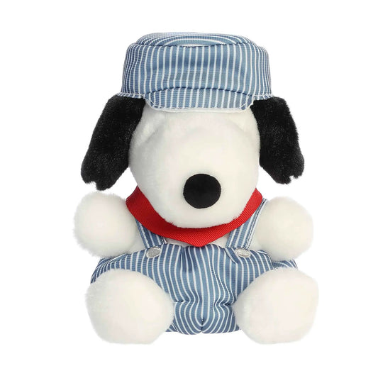 Snoopy Train Engineer Palm Pal Plush with blue striped hat and vest on Tampa Home & Garden Store