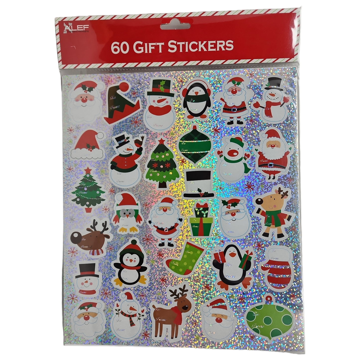 60-count peel-and-stick gift stickers sheet with Santa and snowman on holographic background on Tampa Home & Garden Store