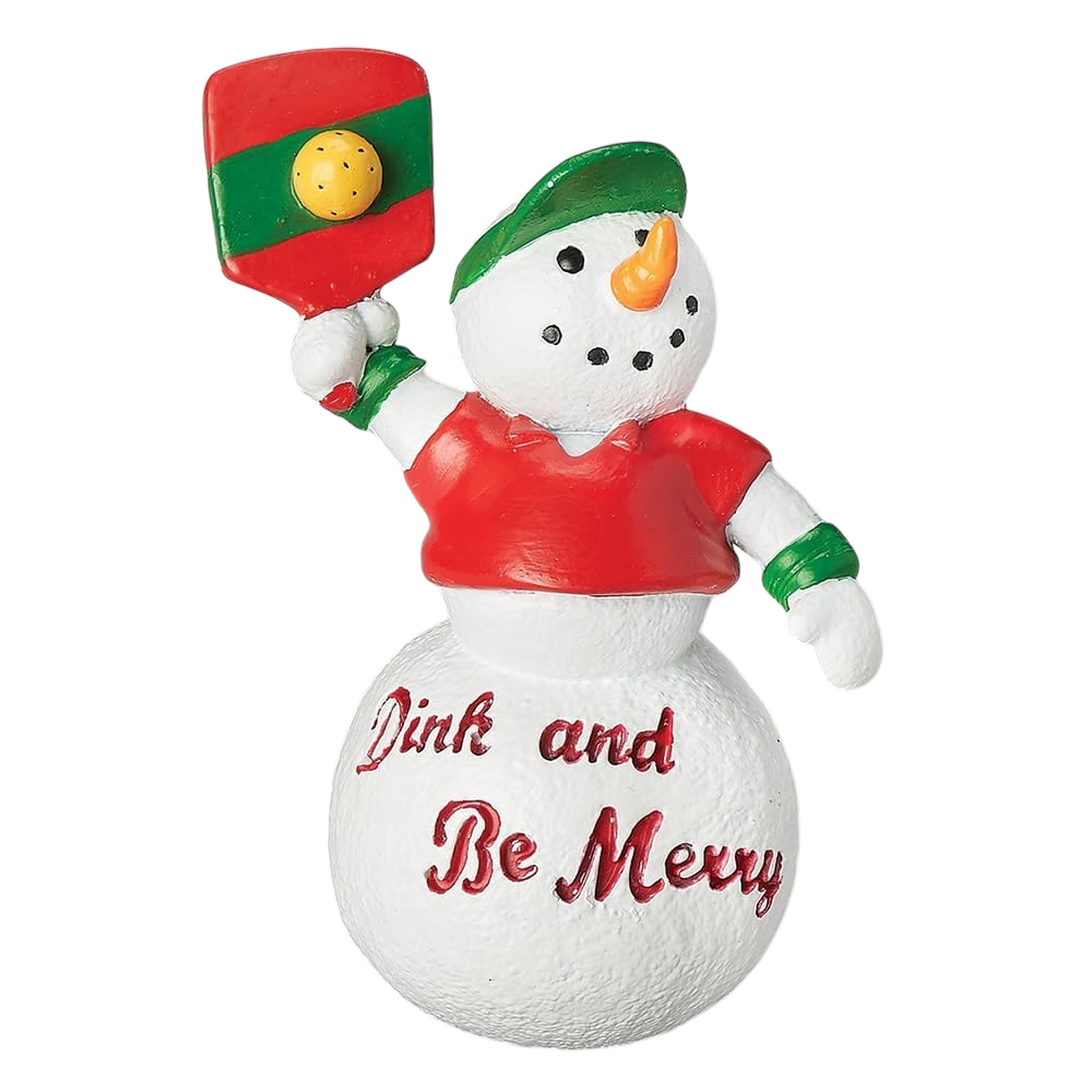 Dink and Be Merry Pickleball Snowman Ornament with red shirt, green hat and yellow ball on Tampa Home & Garden Store
