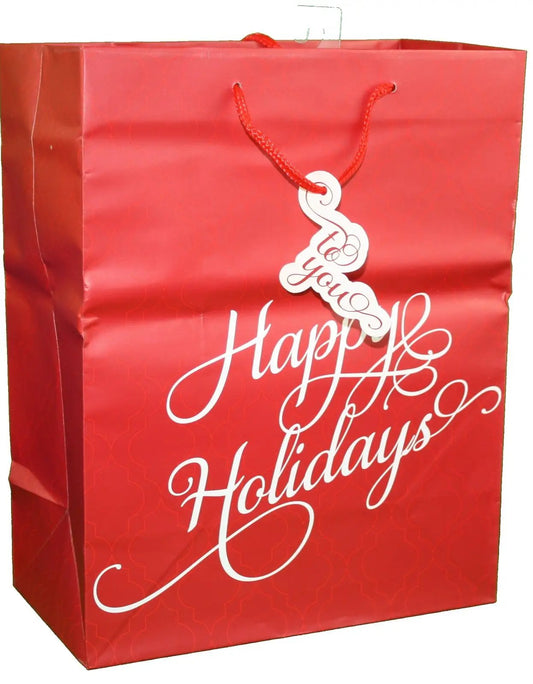 Traditional Lettering Gift Bag red large with white Happy Holidays script and rope handles on Tampa Home & Garden Store