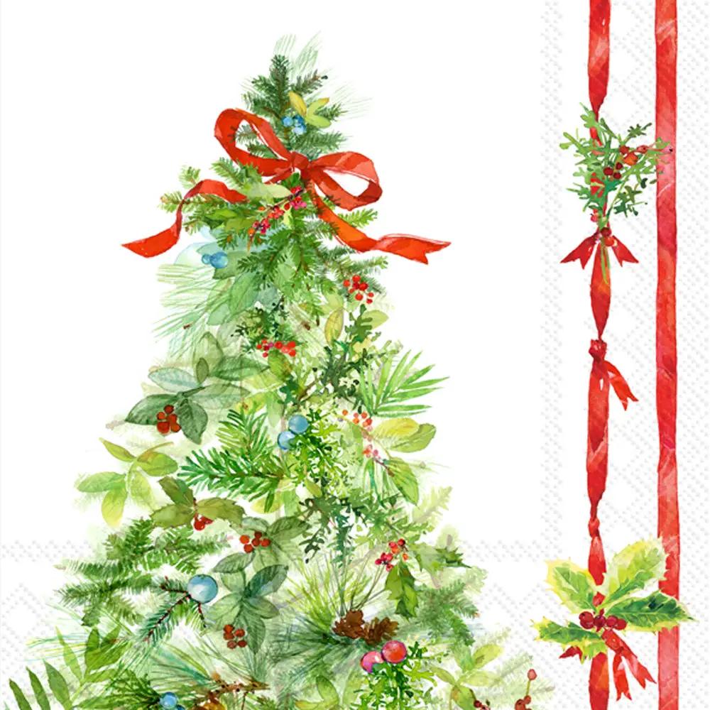 Peace Tree Lunch Napkin Set watercolor Christmas tree, greenery, red bow, 20 count on Tampa Home & Garden Store