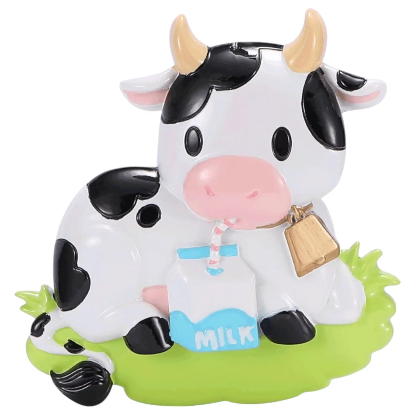 Delightful Farm Milking Cow Ornament white with black spots pink muzzle holding blue MILK sign on Tampa Home & Garden Store