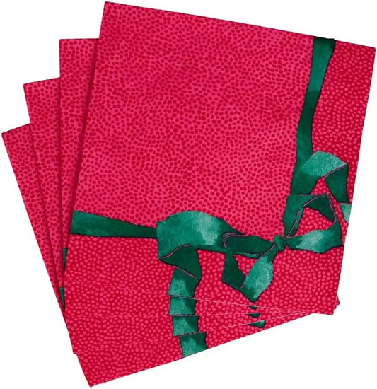 Luncheon napkins red speckled with a green tied bow ribbon on Tampa Home & Garden Store