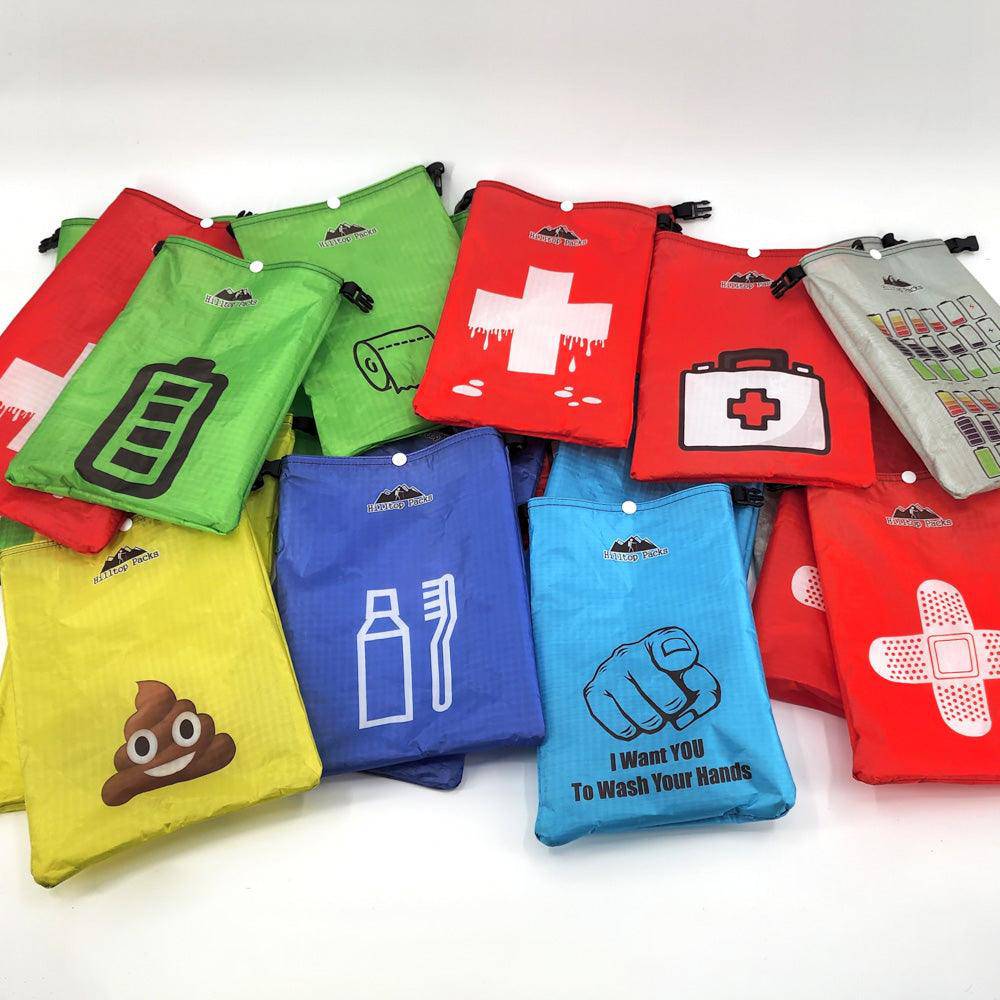Ultralight Ditty Bags 12-pack in assorted colors with printed icons by Hilltop Packs LLC on Tampa Home & Garden Store