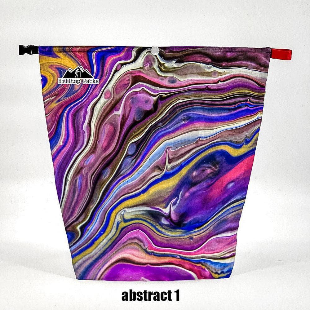 Ultralight camping food bag with abstract swirl print Hilltop Packs logo red pull-tab on Tampa Home & Garden Store