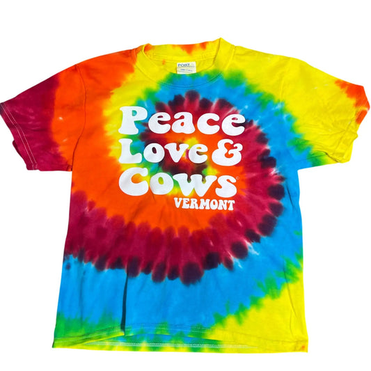Vermont Youth Tie Dye Peace Love Cows T-Shirt, white text, brand The Country Christmas Loft on Tampa Home & Garden Store