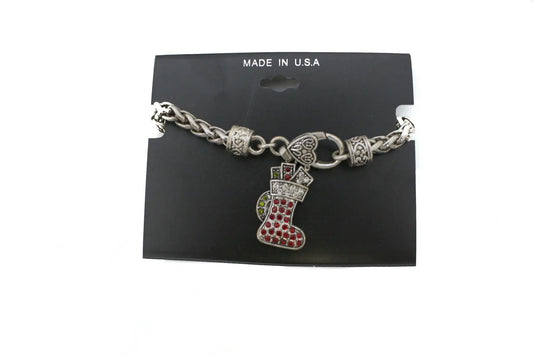 Crystal stocking bracelet with heart clasp, silver-tone chain and red rhinestone stocking charm on Tampa Home & Garden Store