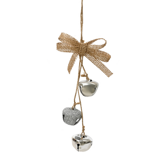 Jingle Bell Ornaments with Burlap Ribbon three silver metal bells on jute twine with burlap bow on Tampa Home & Garden Store
