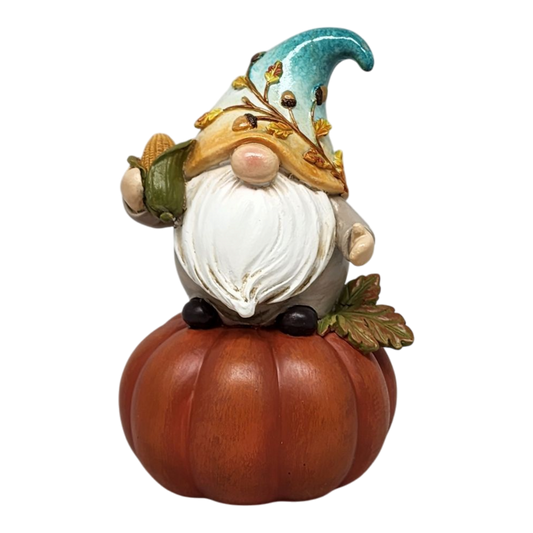 Fall Gnome figurine Harvest Hank teal hat on pumpkin base by The Country Christmas Loft on Tampa Home & Garden Store