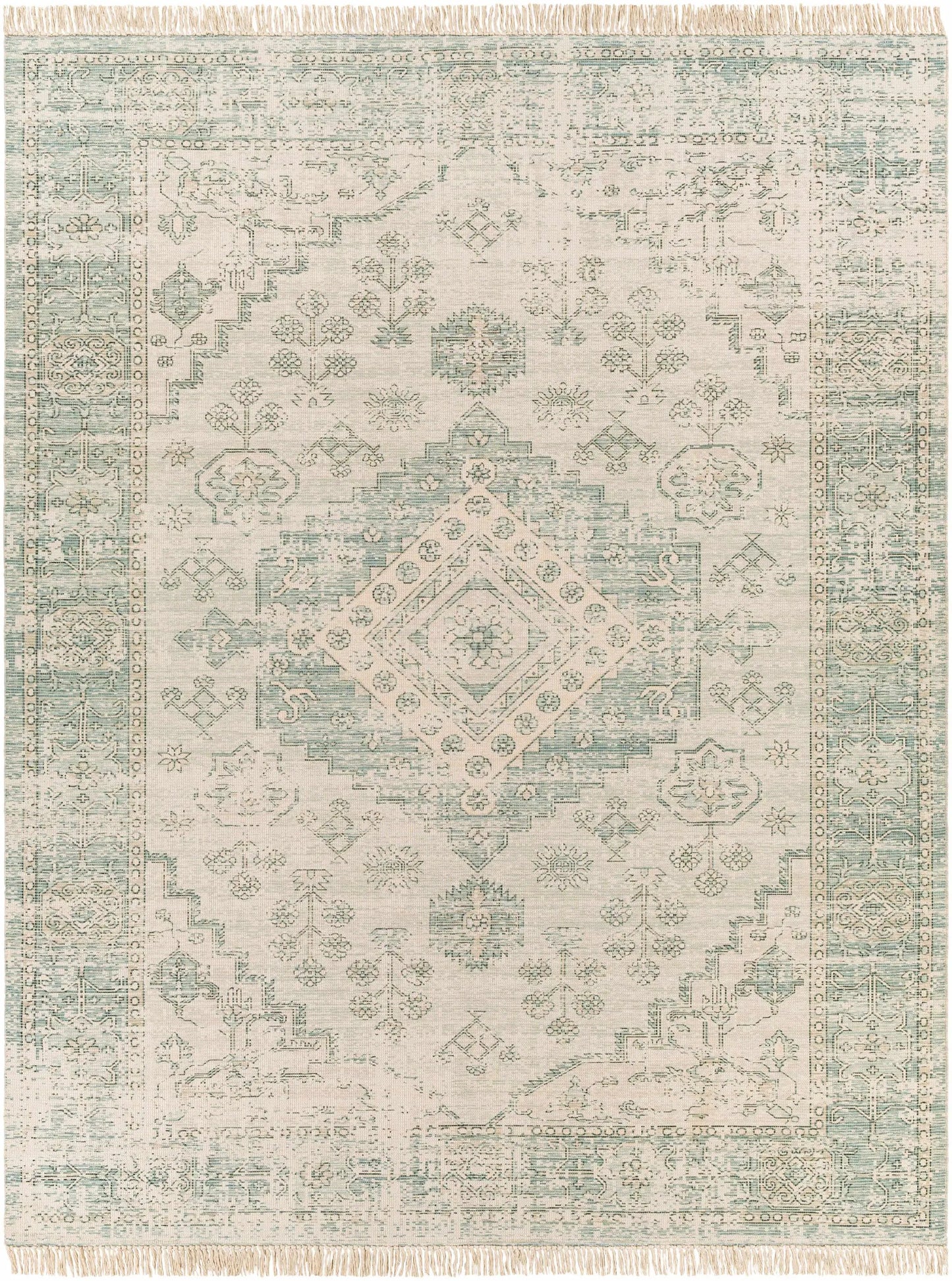Undy hand woven cotton blend rug with traditional pattern in beige and teal fringe Boutique Rugs on Tampa Home & Garden Store