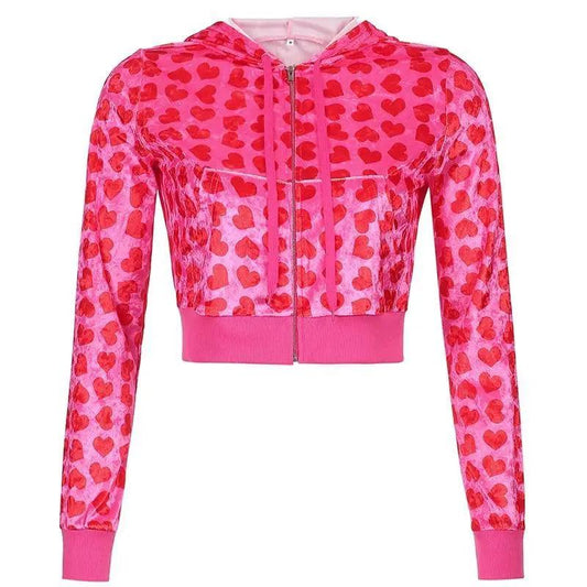 Stevvex velvet heart print cropped bomber jacket pink with zip front and ribbed hem on Tampa Home & Garden Store