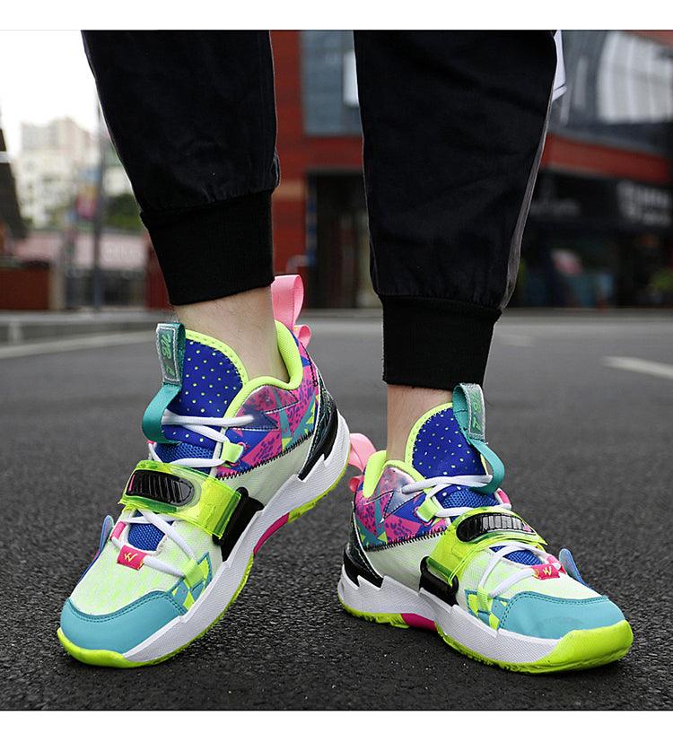 Stevvex unisex high-top basketball sneakers pair neon yellow-green with blue pink rainbow on Tampa Home & Garden Store