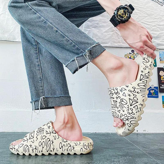 Stevvex unisex EVA slippers graffiti beige open-toe slides with soft non-slip sole on Tampa Home & Garden Store