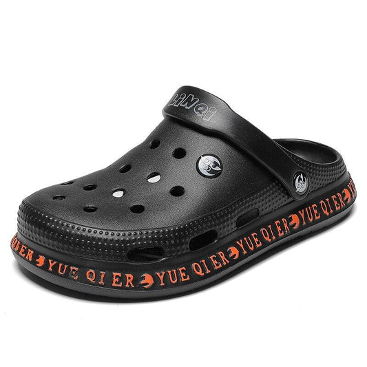 Stevvex unisex sandals, black breathable clogs with perforated uppers and orange trim on Tampa Home & Garden Store