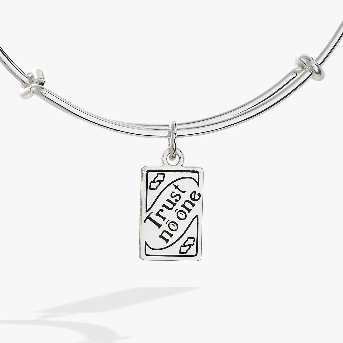 Silver-tone UNO Trust No One charm bangle by ALEX AND ANI with rectangular pendant on Tampa Home & Garden Store