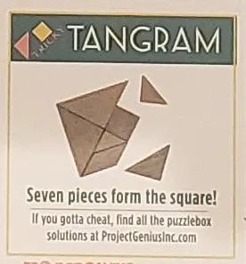 Puzzlebox Brainteaser Tangram gift box with seven tan pieces on cream card and Tangram header on Tampa Home & Garden Store