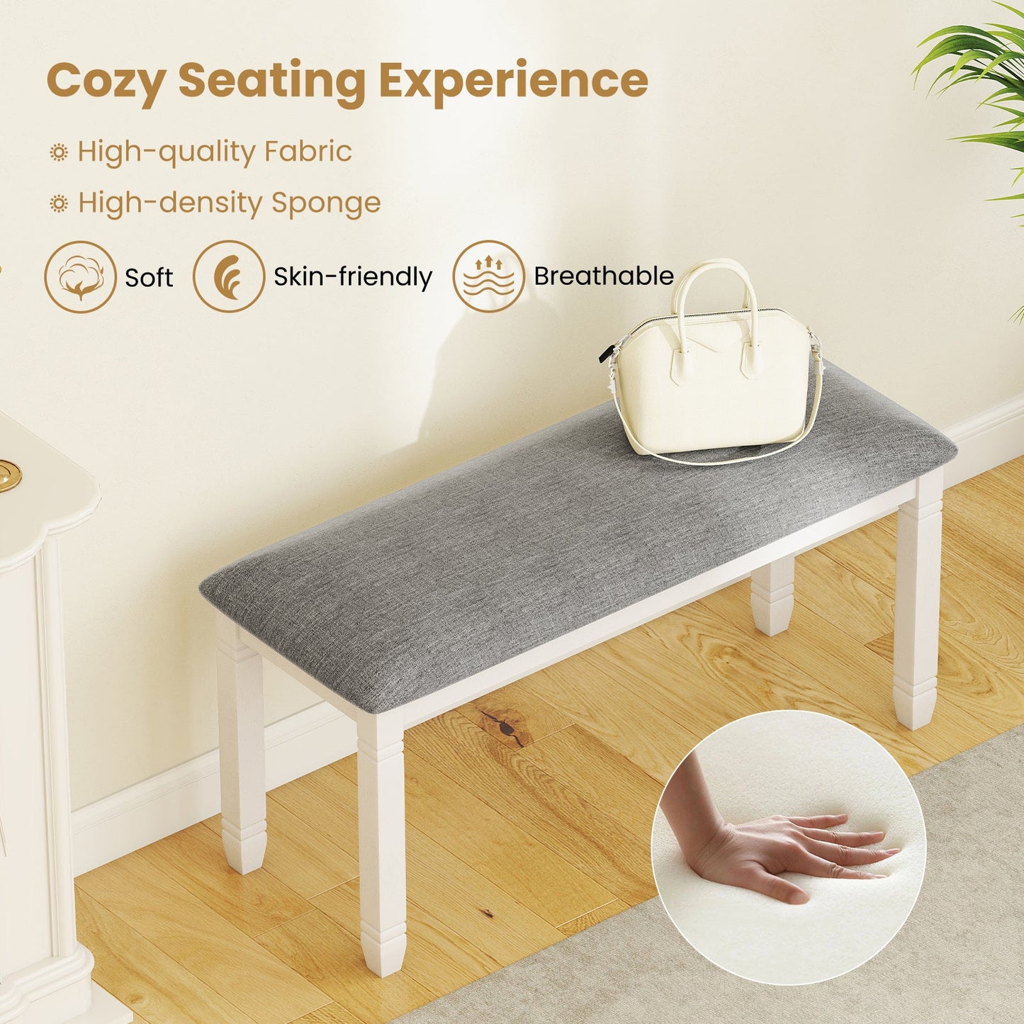 Upholstered bedroom bench gray fabric padded seat with white solid wood legs DirectDeals on Tampa Home & Garden Store