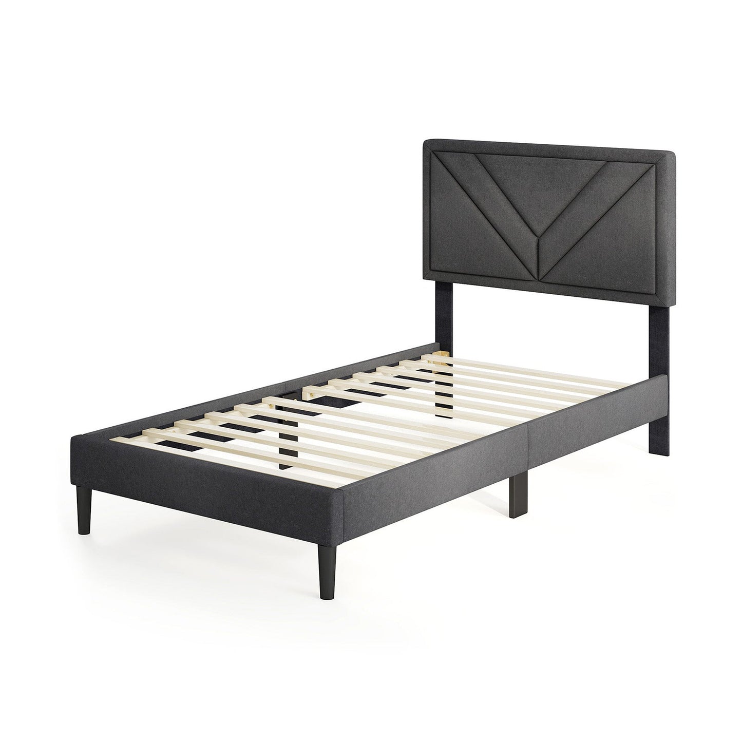 Cama de plataforma tapizada con cabecero capitoné y listones de madera, tamaño matrimonial