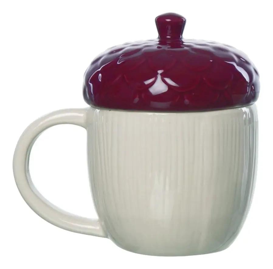 Stoneware Moody Acorn Mug with Lid cream body burgundy lid on Tampa Home & Garden Store