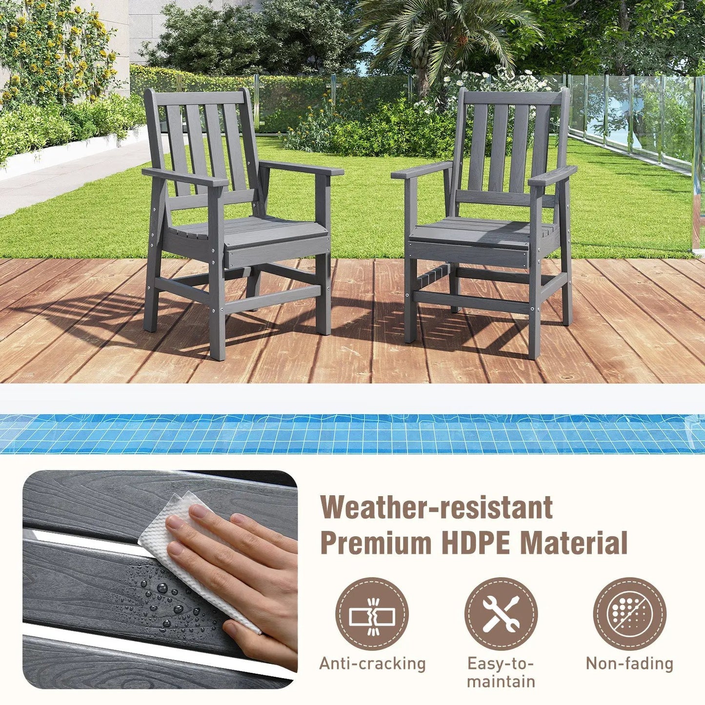 Two gray HDPE weather-resistant patio dining chairs on a wooden deck with a green lawn on Tampa Home & Garden Store