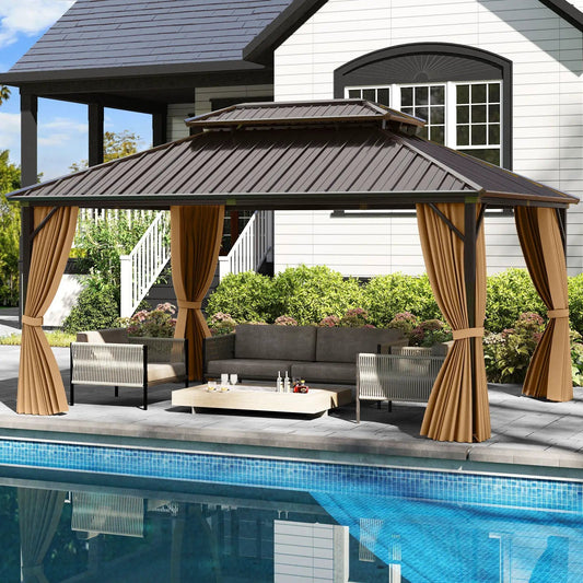 Hardtop gazebo with aluminum frame and netting, brown roof and curtains DirectDeals on Tampa Home & Garden Store