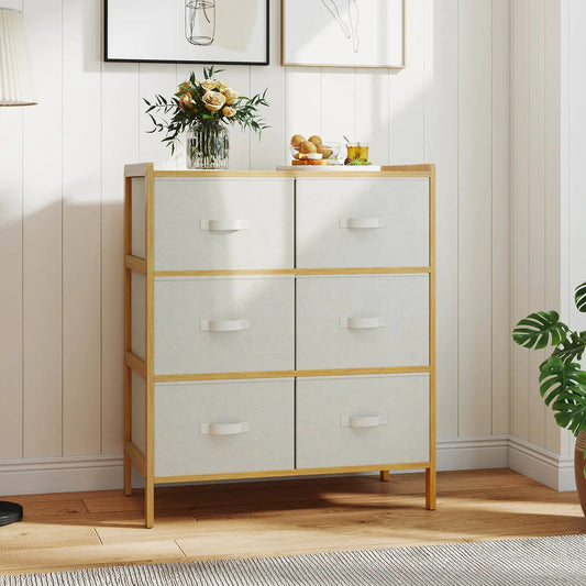 Fabric Dresser with 6 light gray fabric bins in a natural wood frame on Tampa Home & Garden Store