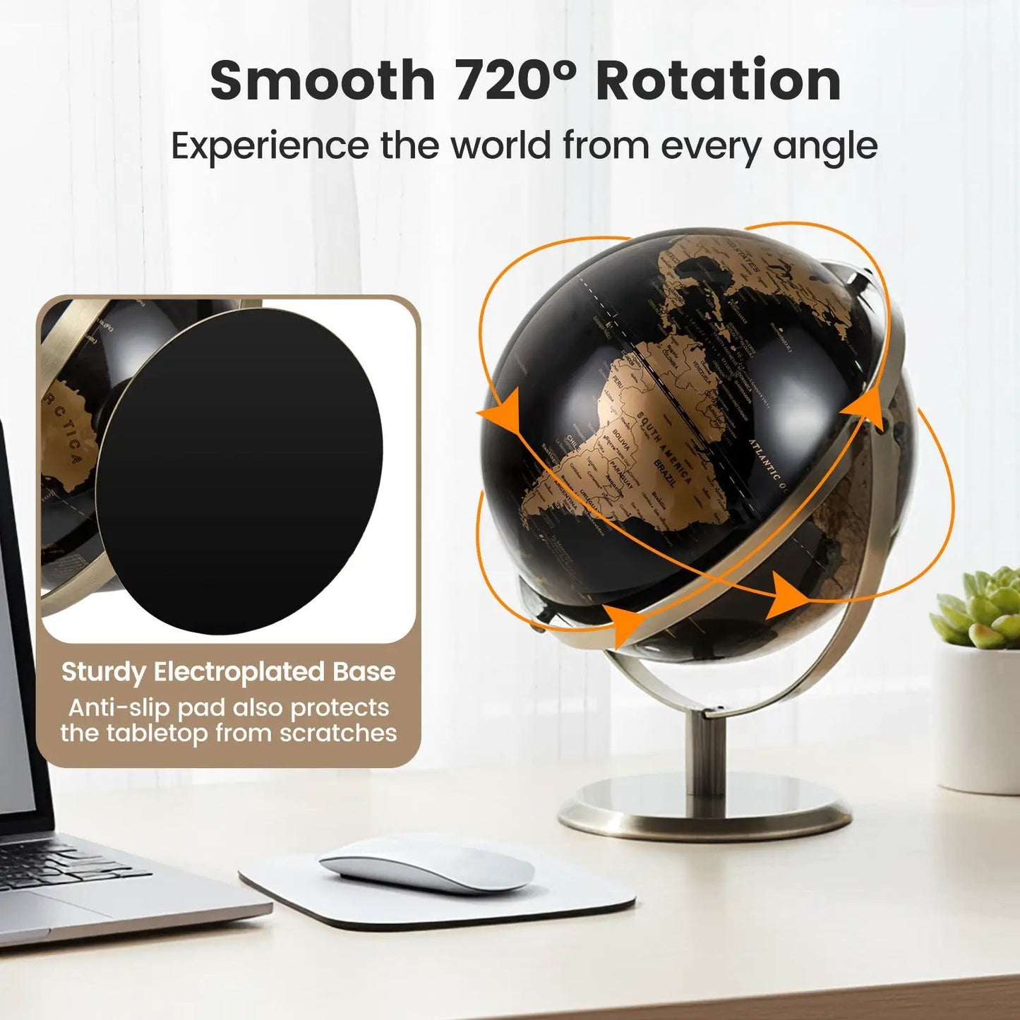 9-Inch metallic black world globe with gold continents on a metal stand desktop globe DirectDeals on Tampa Home & Garden Store