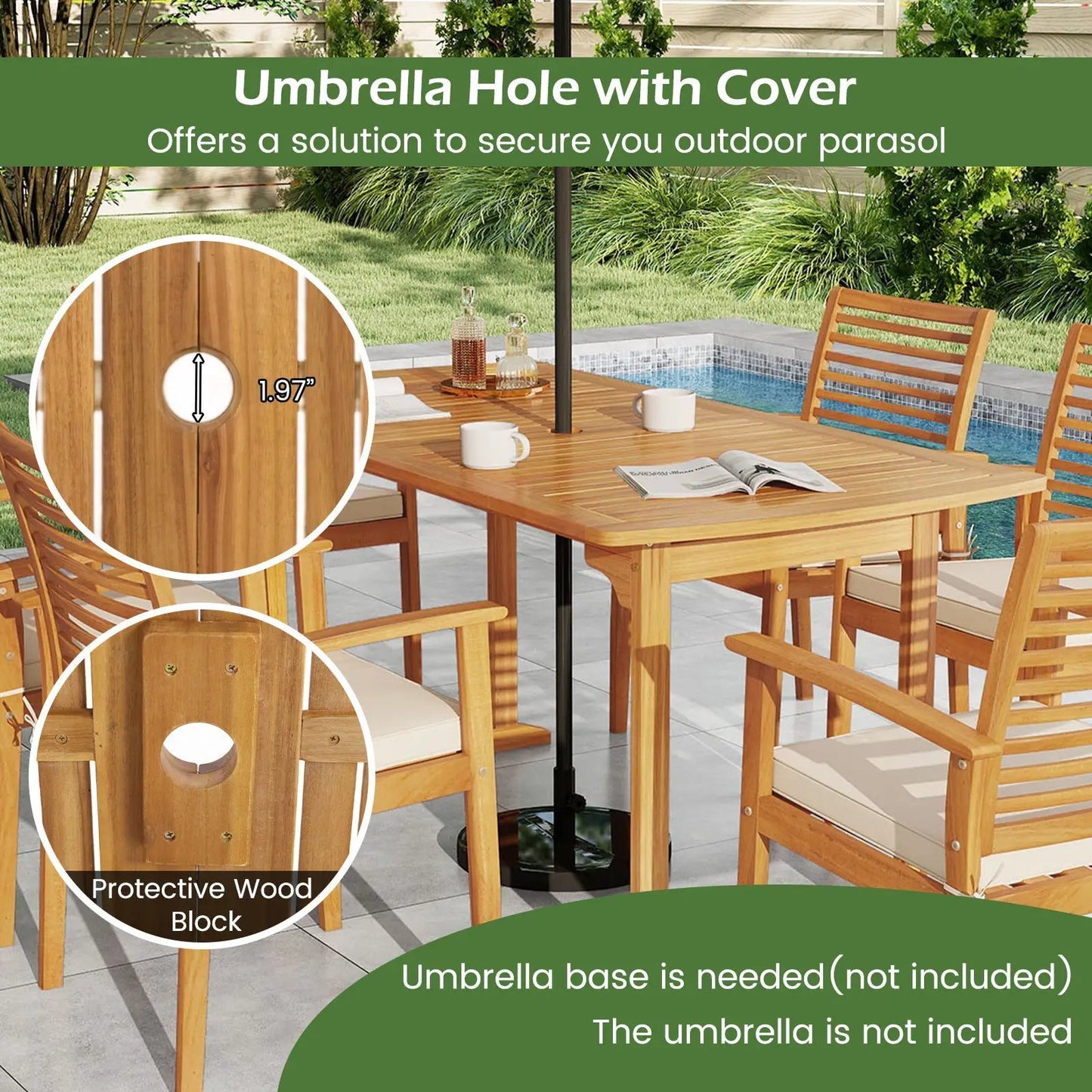 Acacia wood 7-piece outdoor dining set with an umbrella hole in the center on Tampa Home & Garden Store